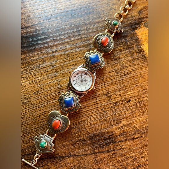 Sterling Silver Southwest Multi Stone Toggle Link Bracelet - Picture 2 of 6